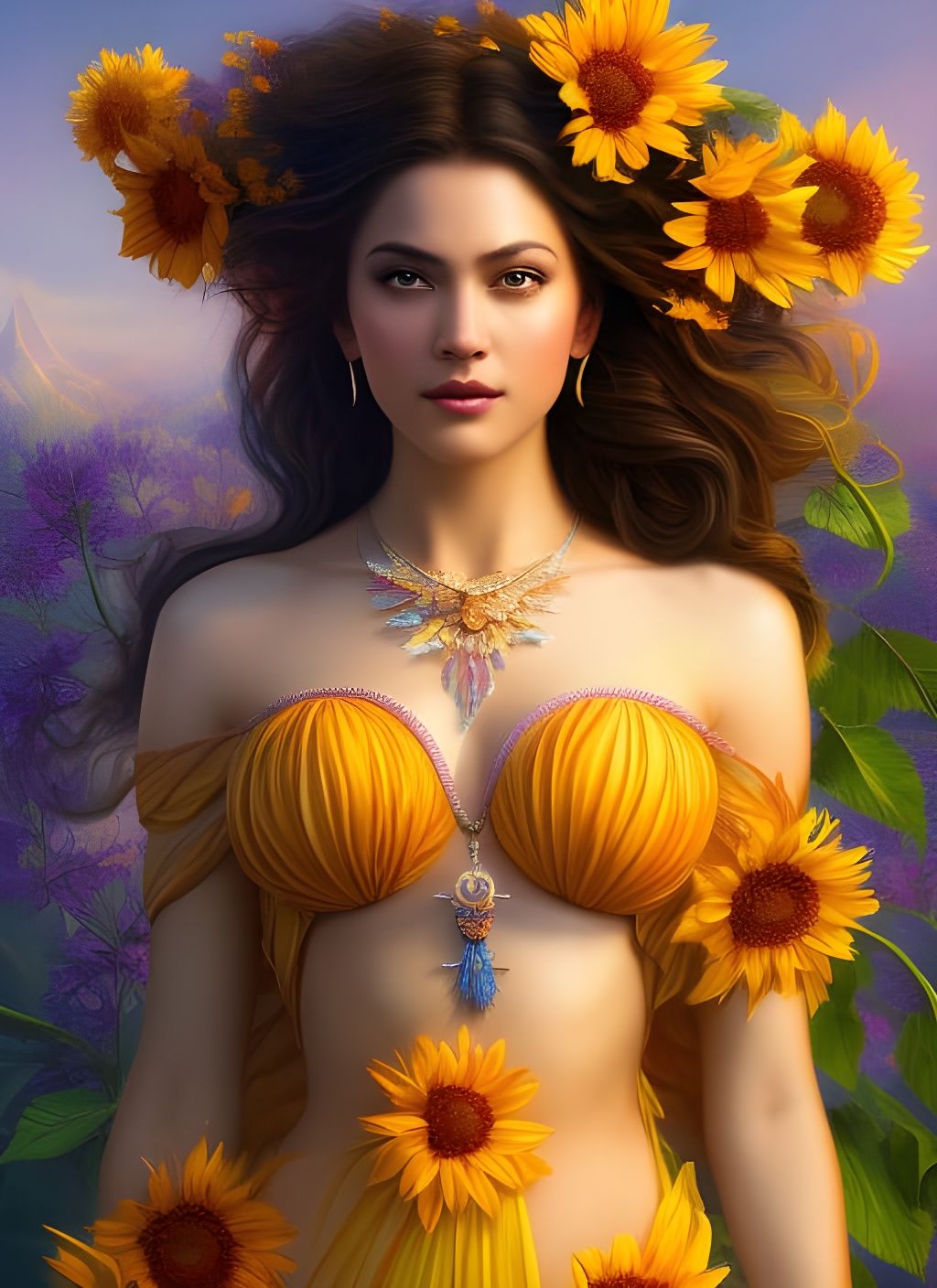 Radiant Sunflower Goddess in Hyperrealism Style