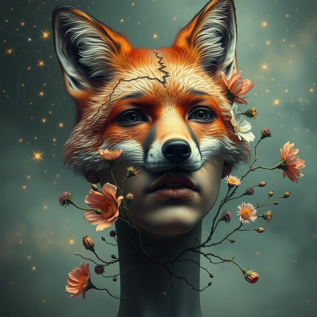 Surreal Cosmic Fox Portrait with Stars and Flowers