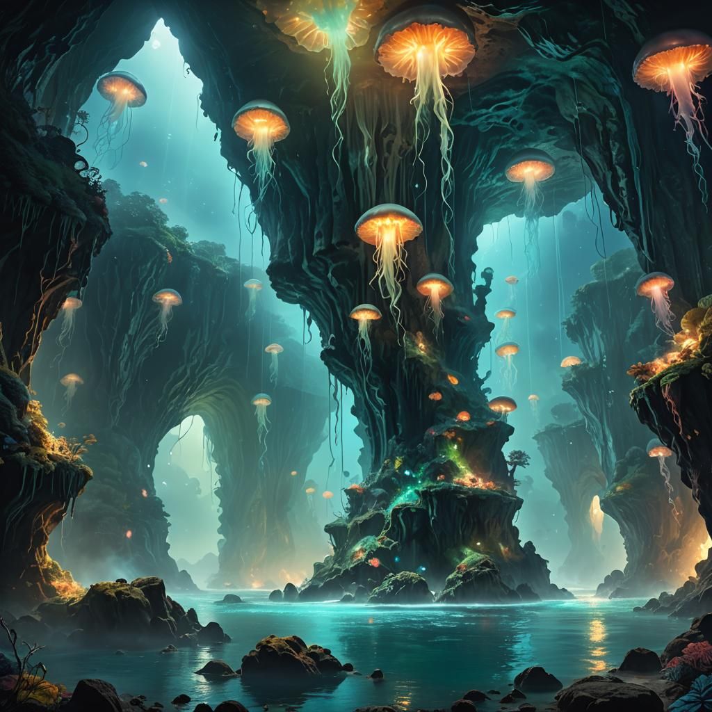 Mystical Sea Caves with Bioluminescent Life