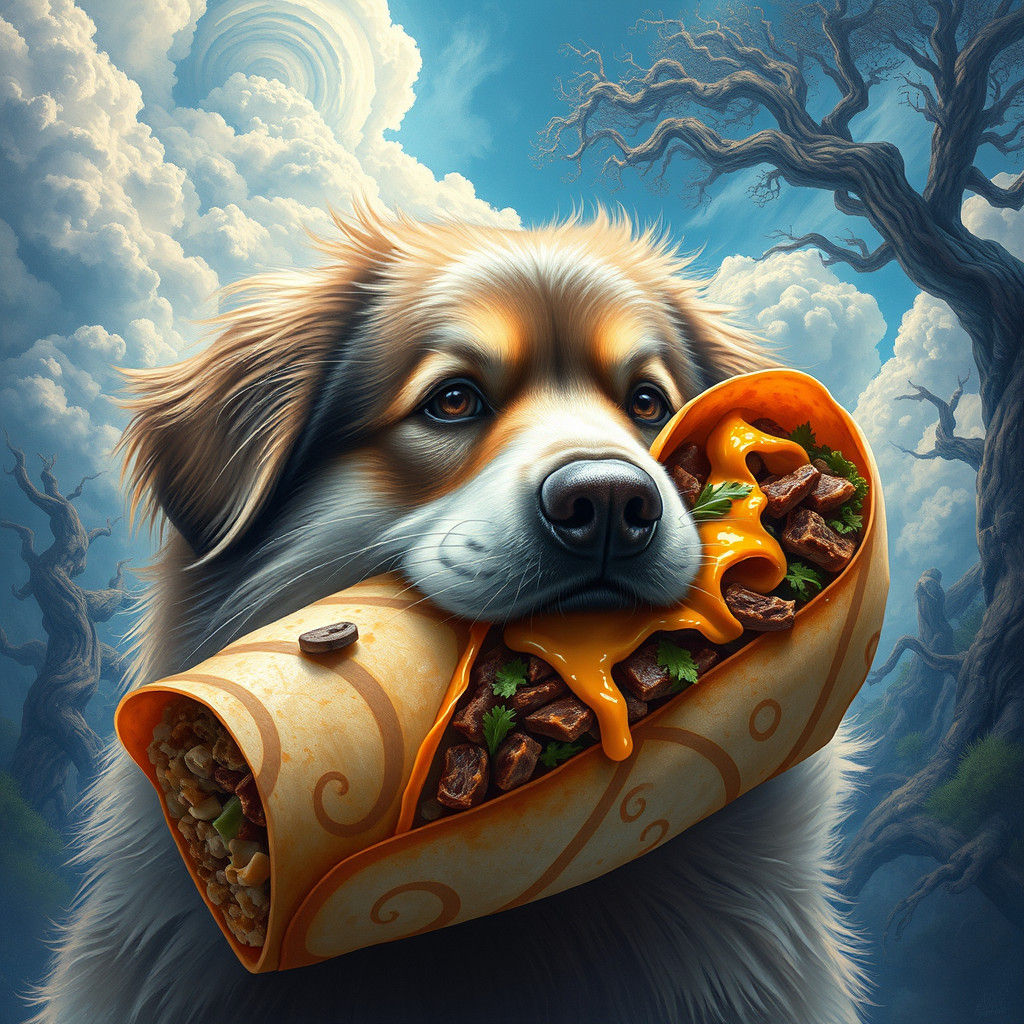 Dog Devouring Burrito in Dreamy Landscape
