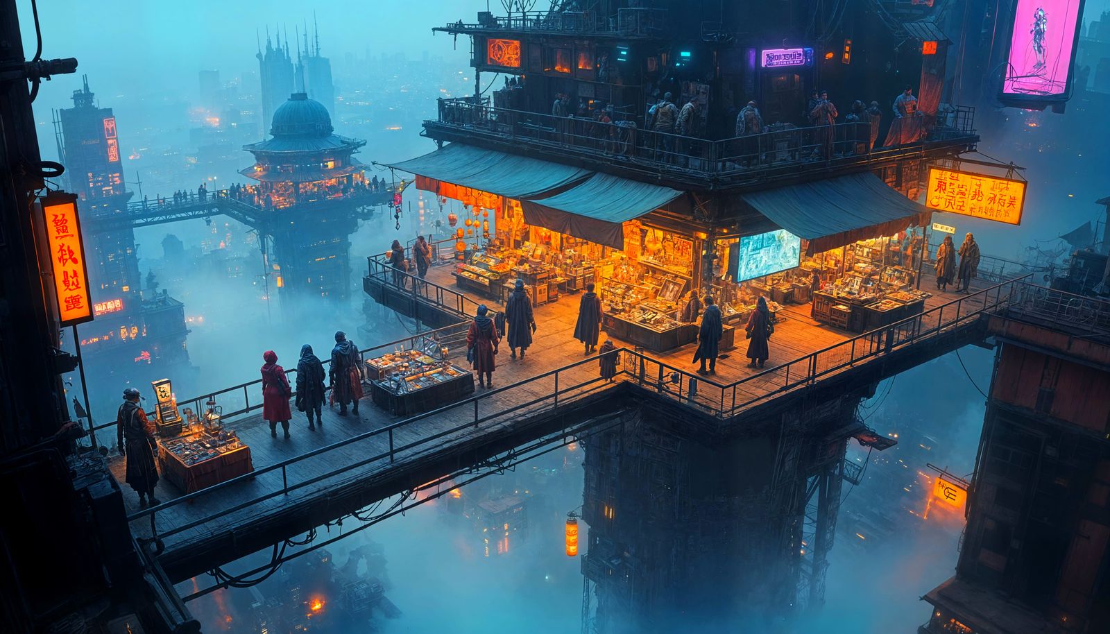 Cyberpunk Sky Market with Holographic Signs