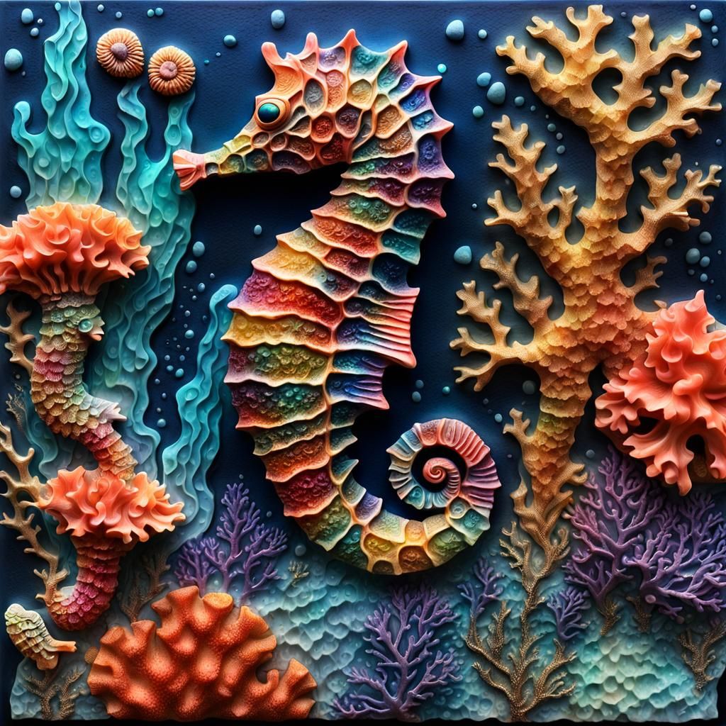 Beautiful Seahorse in Coral Reef: Alcohol Ink Art