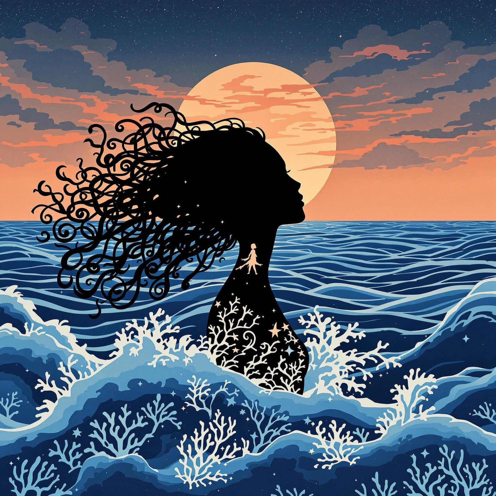 Surreal Woman of the Sea Silhouette in Kara Walker's Style
