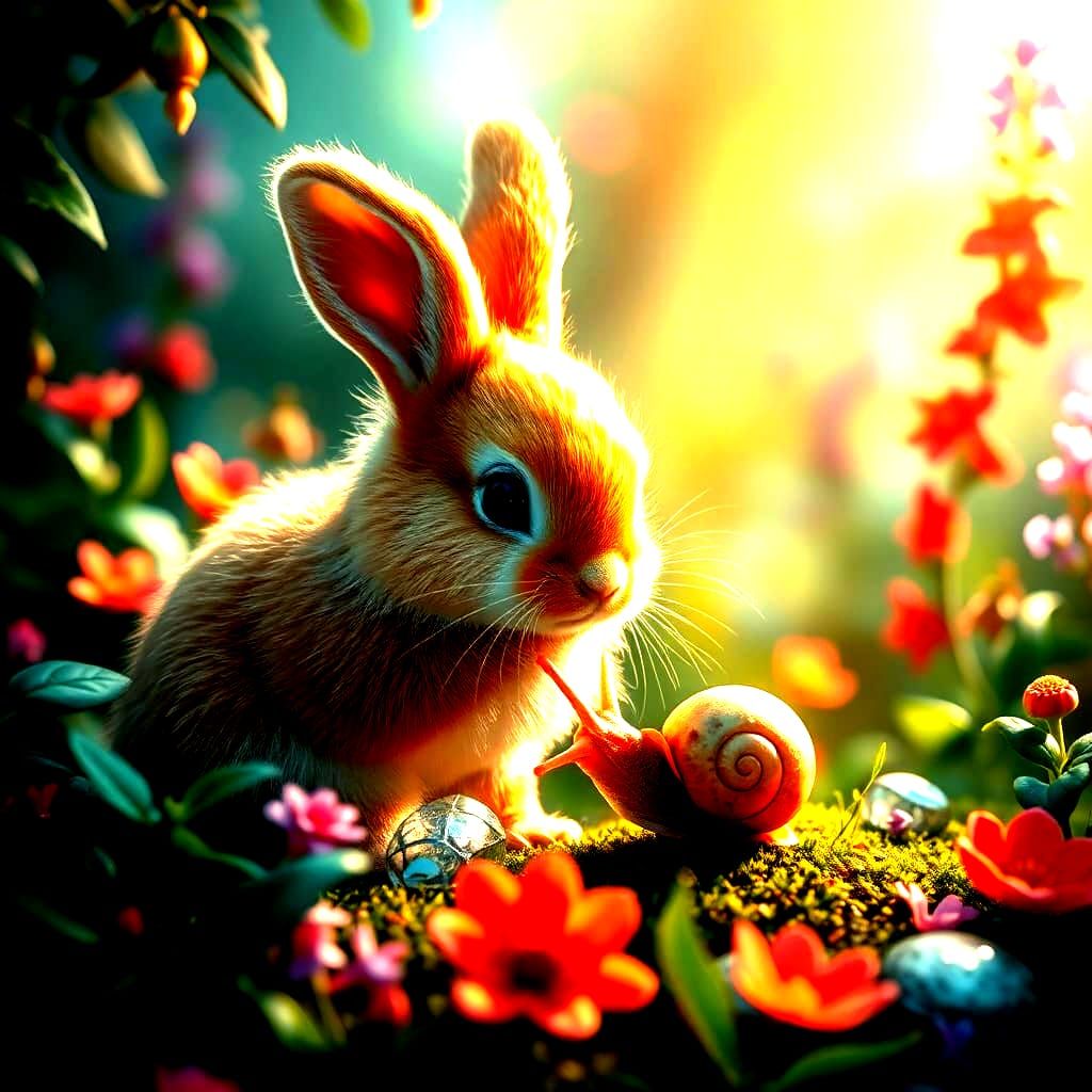 Fluffy Bunny and Snail: Detailed Fantasy Art