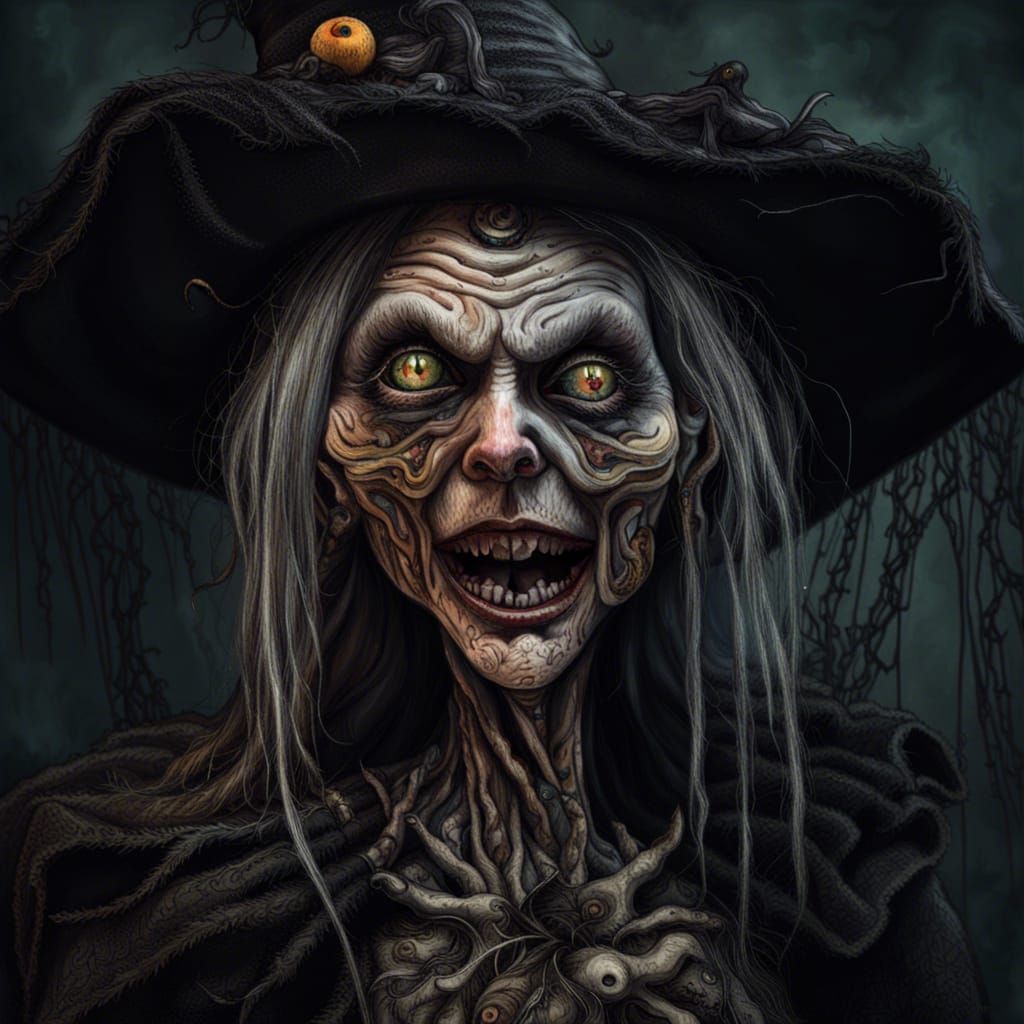 Whimsical Scary Witch Portrait in Oil Painting Style