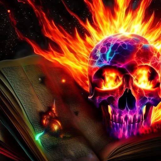 Flaming Skull Rising from Book in Magicpunk Style