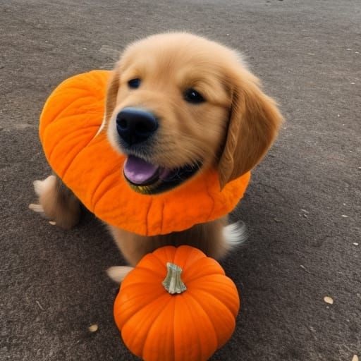 Golden Retriever Puppy in Pumpkin Costume