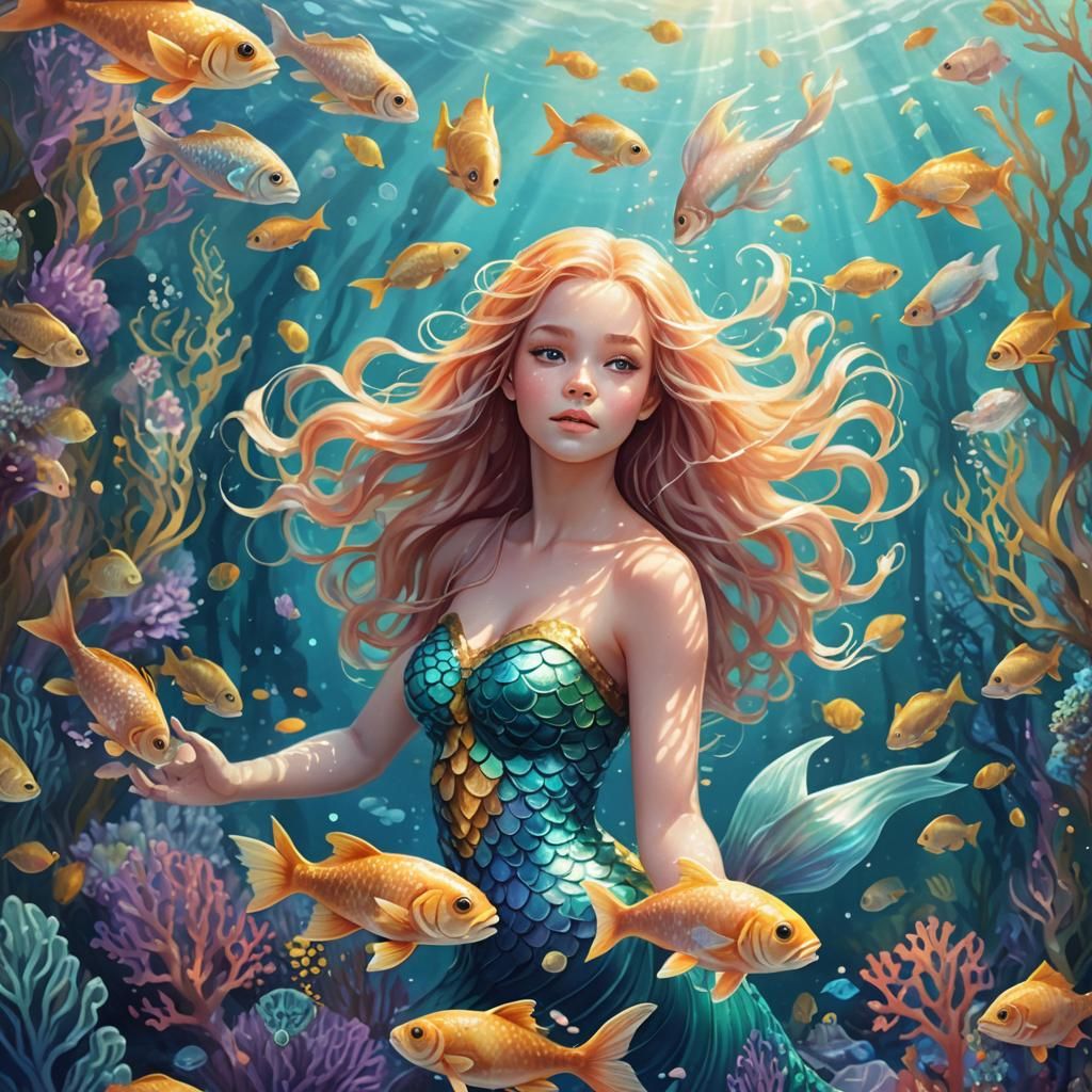 Magical Mermaid with Glittering Fish in Coral Reef