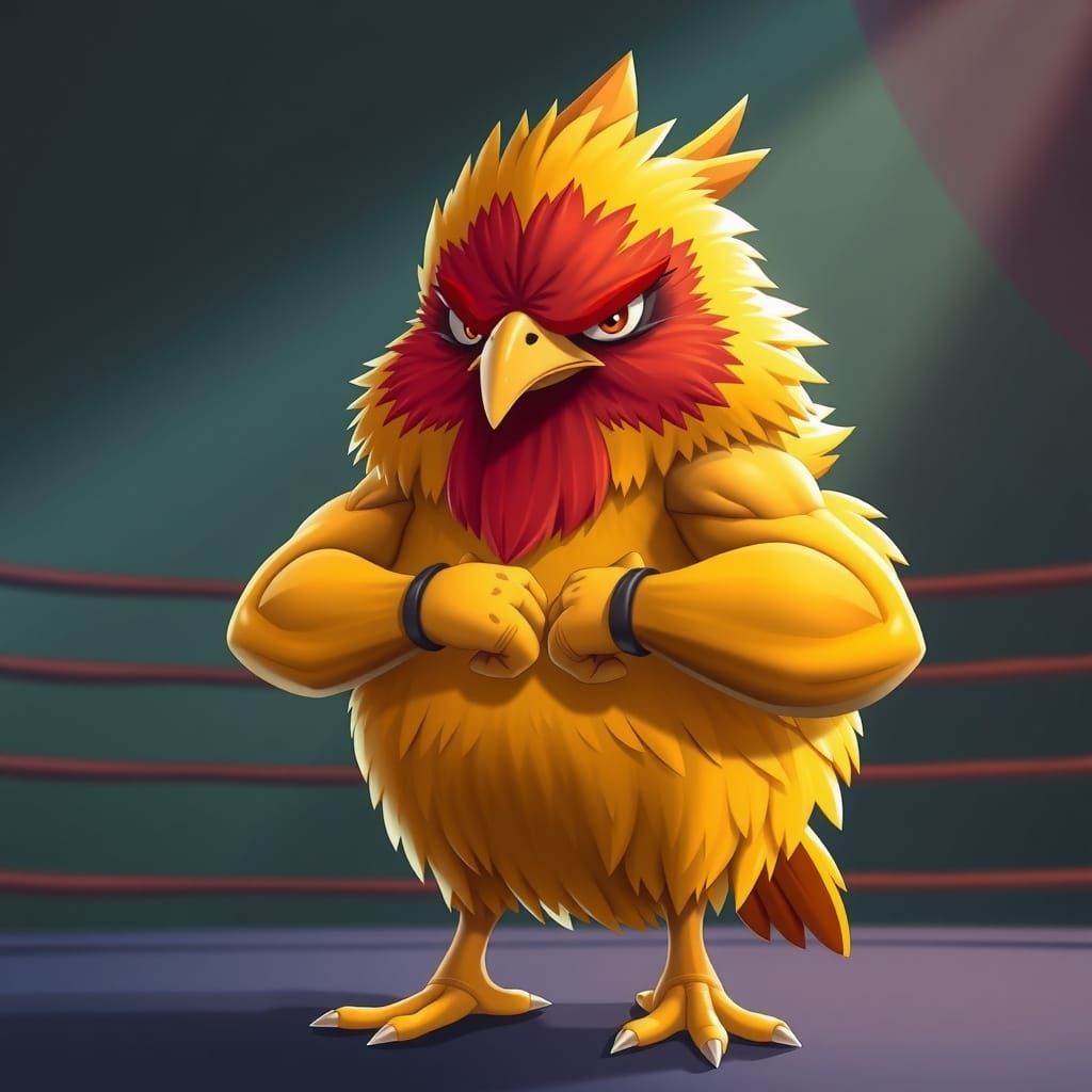 Grumpy Chick in MMA Ring, Hyperrealistic Cartoon