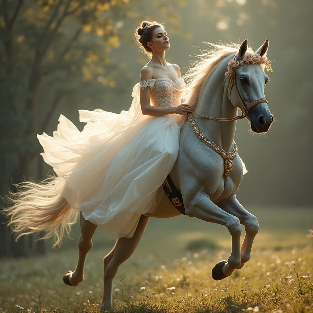 Ballerina on a Majestic Horse in a Dreamy Landscape