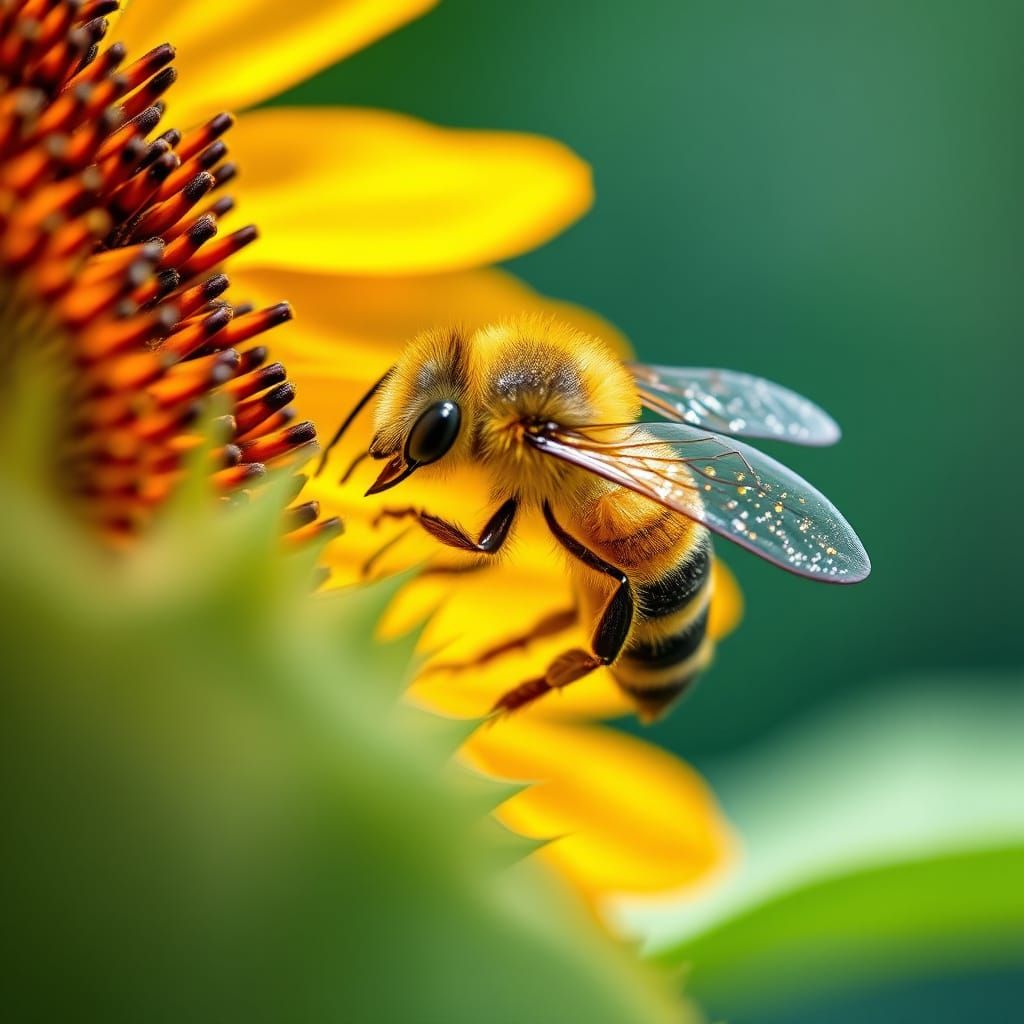 Macro Photo of Bee on Sunflower with Pollen