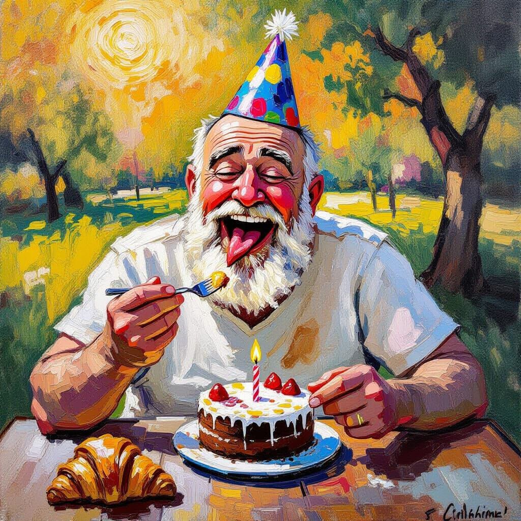 Joyful Old Man Eating Cake, Neo-Impressionist Painting