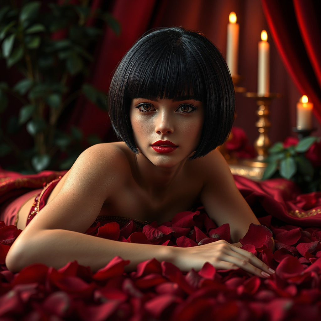 Elegant Woman in Crimson and Gold Fantasy Art