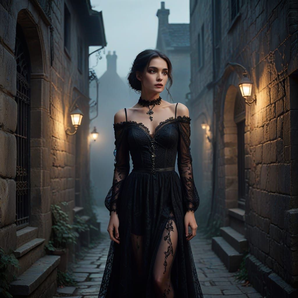 Gothic Fantasy Woman in Twilight Alley