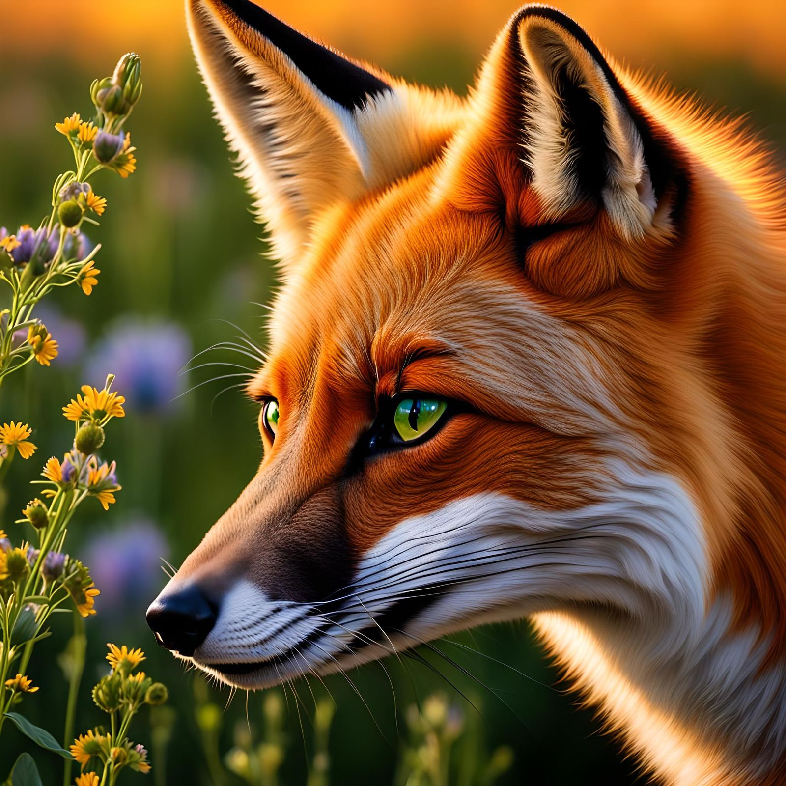 Red Fox Portrait in Wildflower Field at Sunset
