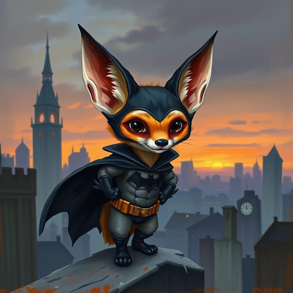 Batman Flying Fox in Gotham, Gouache Style