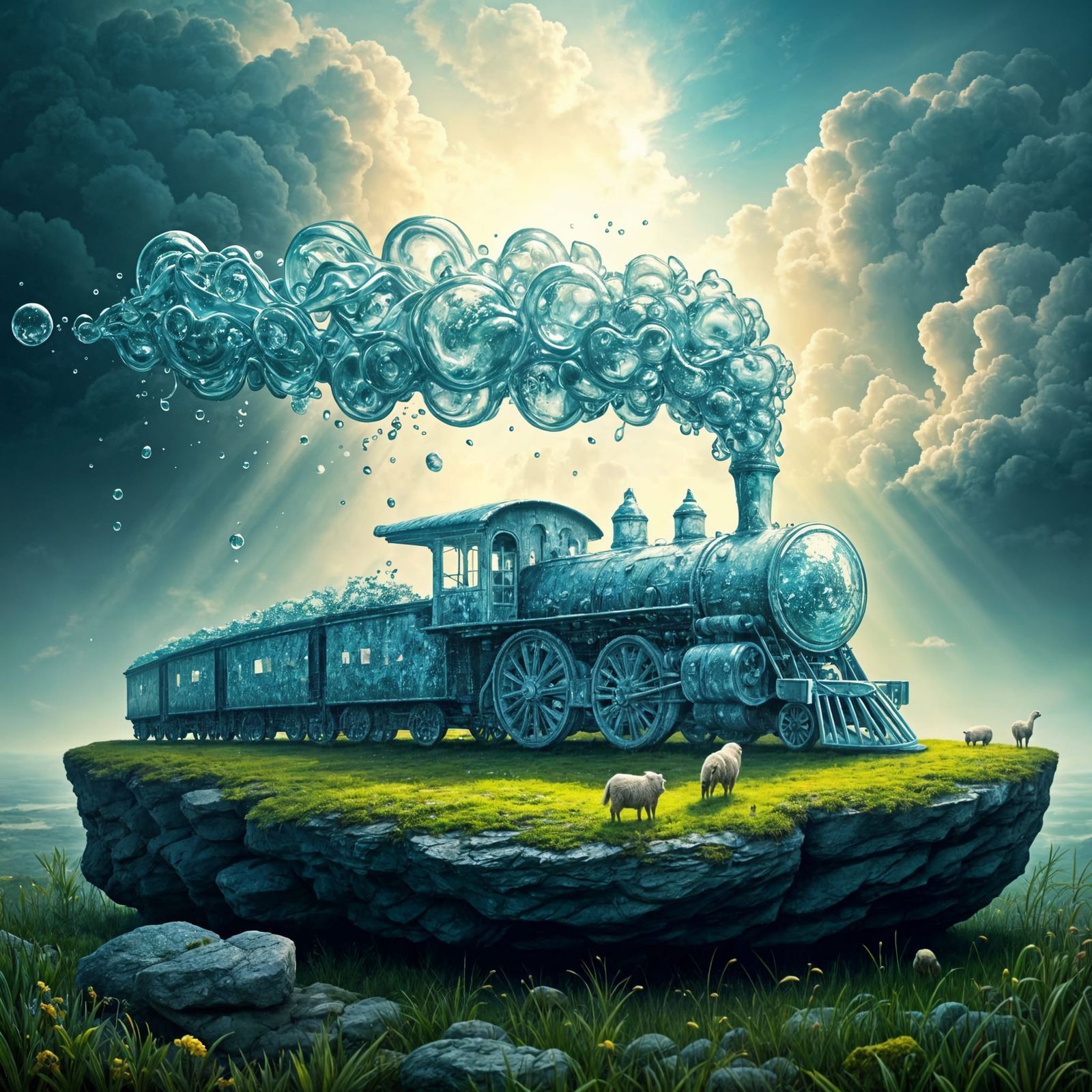 Surrealist Steam Train Emerge from Water Droplets in Soft Fo...
