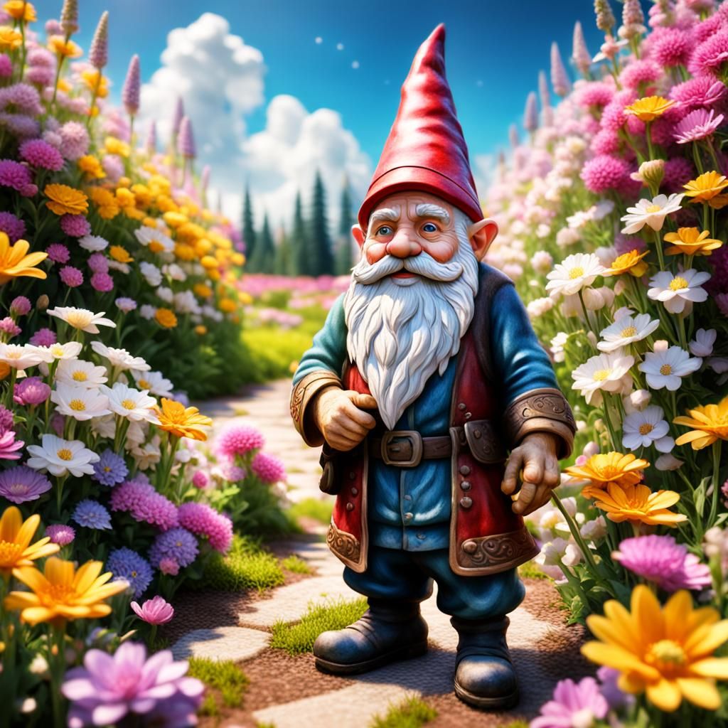 Gnome in Blooming Flower Field: Hyperrealistic Image
