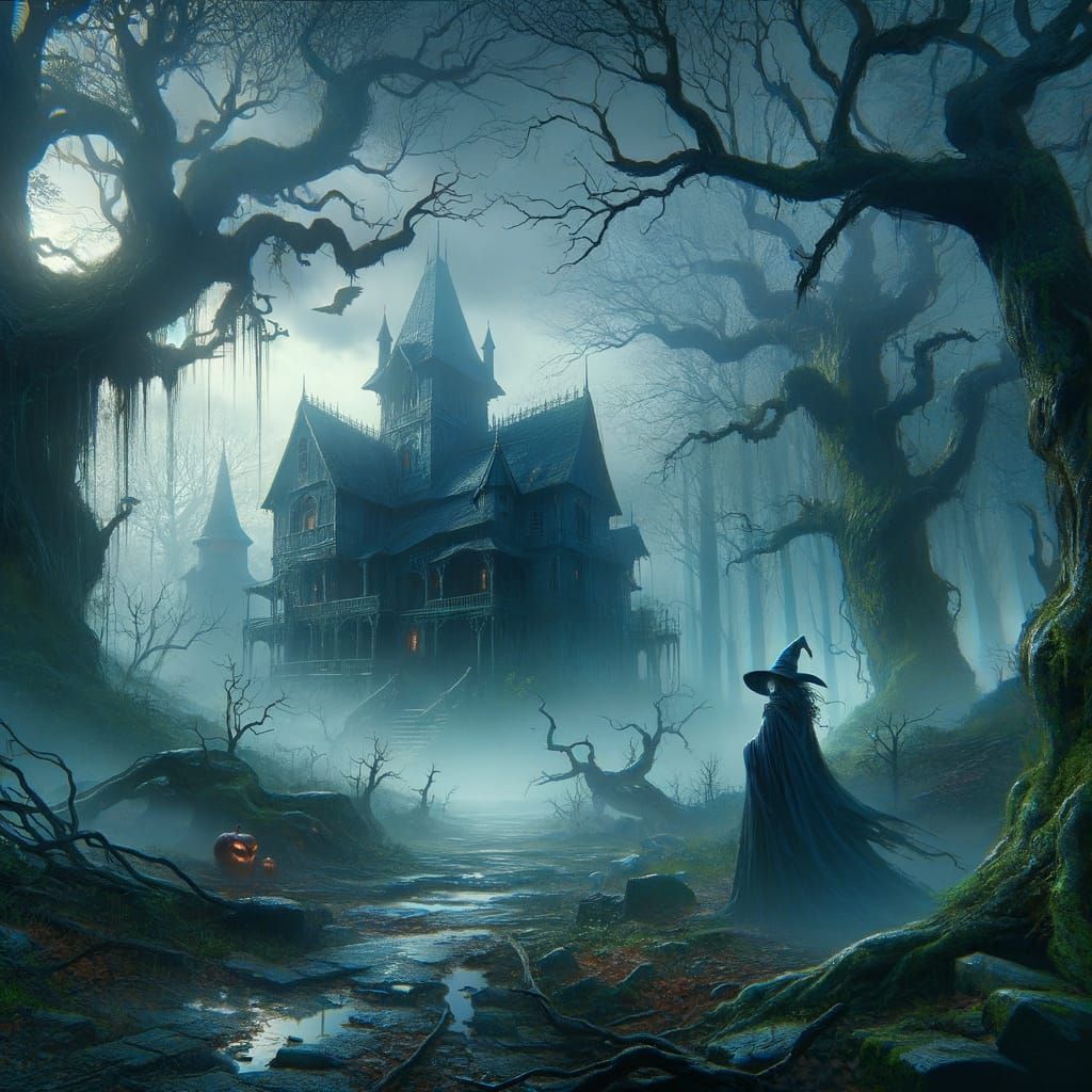 Menacing Witch in Misty Forest as Matte Painting