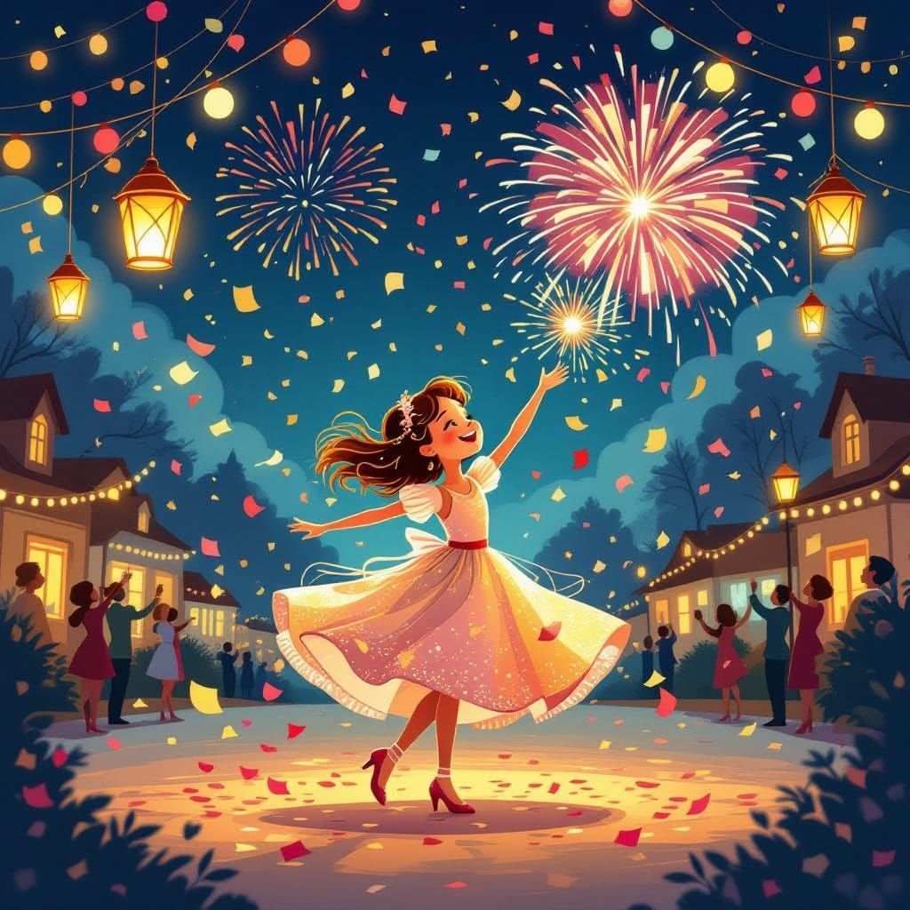 Joyful Girl Twirls at Whimsical New Year's Ball