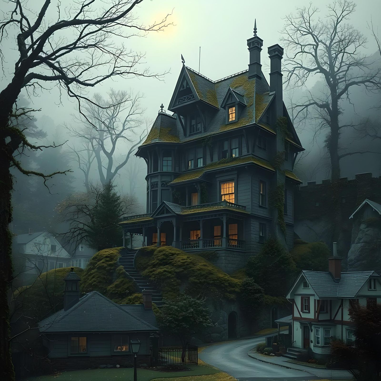 Scary Haunted House in Blue and Gold: Alcohol Ink Fantasy