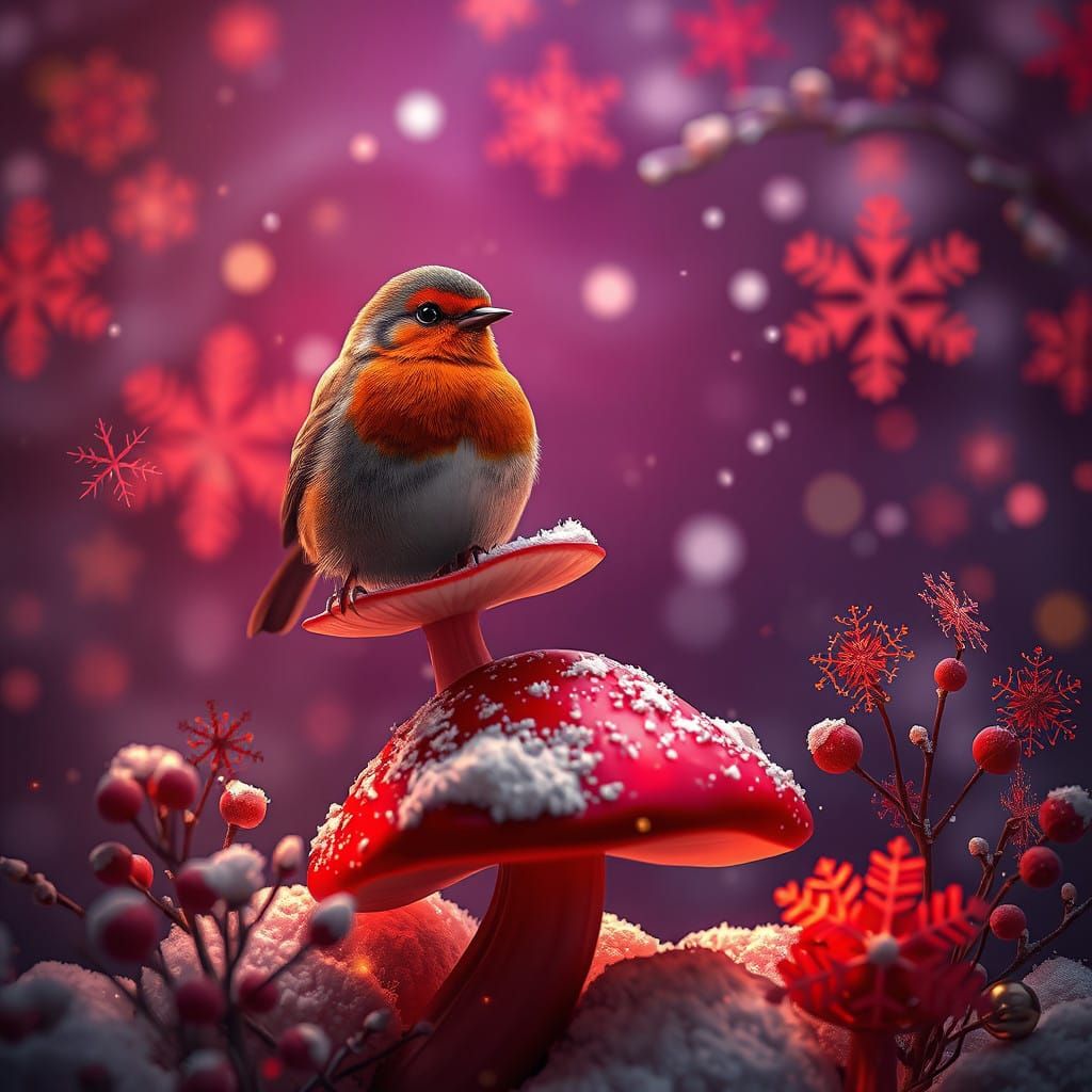 Charming Robin on Crimson Mushroom in Enchanted Winter Wonde...
