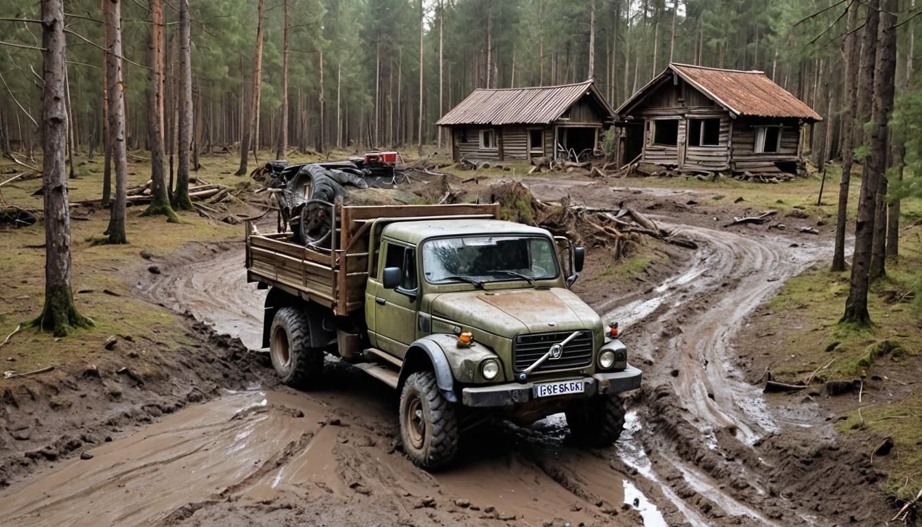 Unimog Truck Rescuing Volvo in Muddy Forest