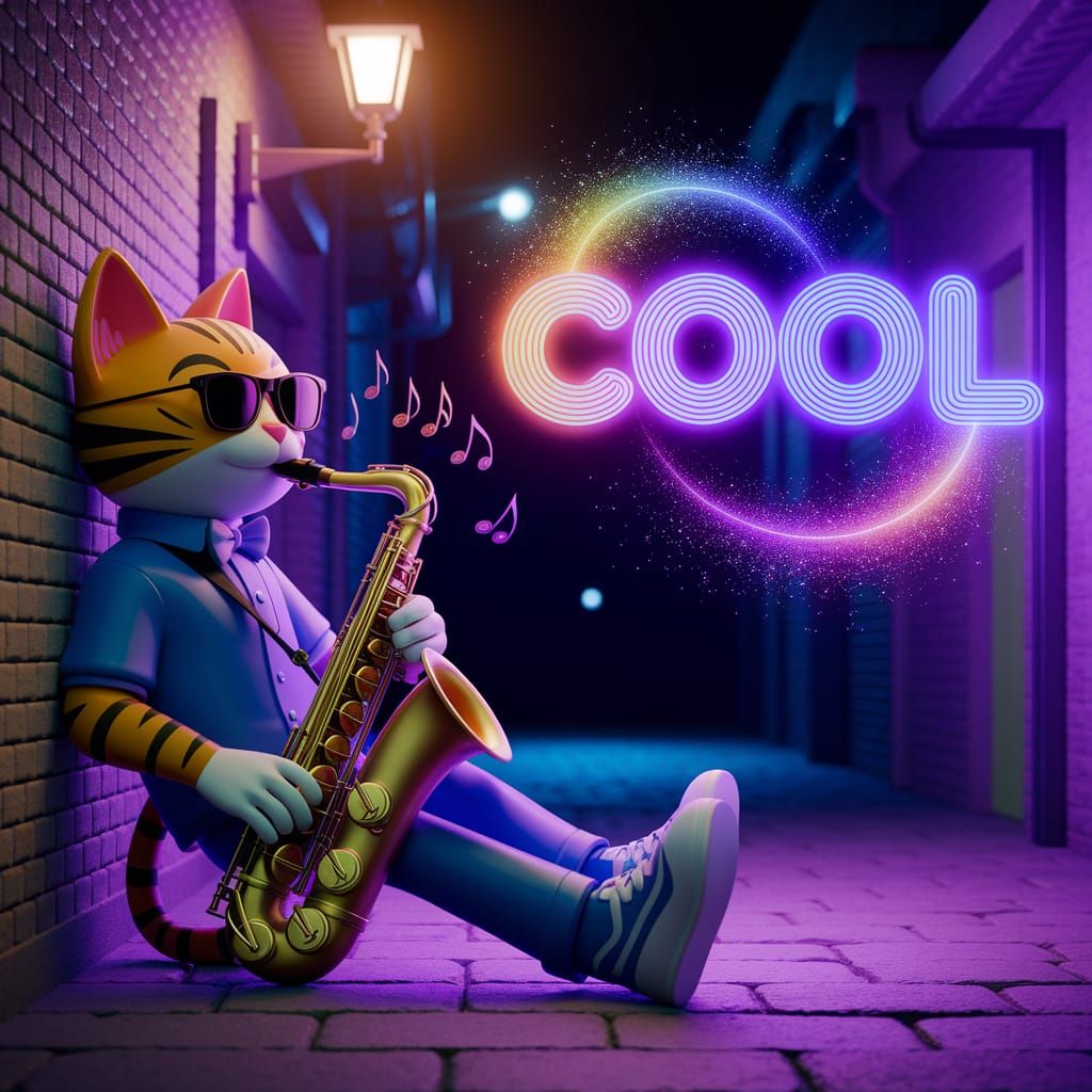 A humanoid jazz cat wearing sunglasses playing a saxophone with musical notes emanating from the horn, leans casually ag...