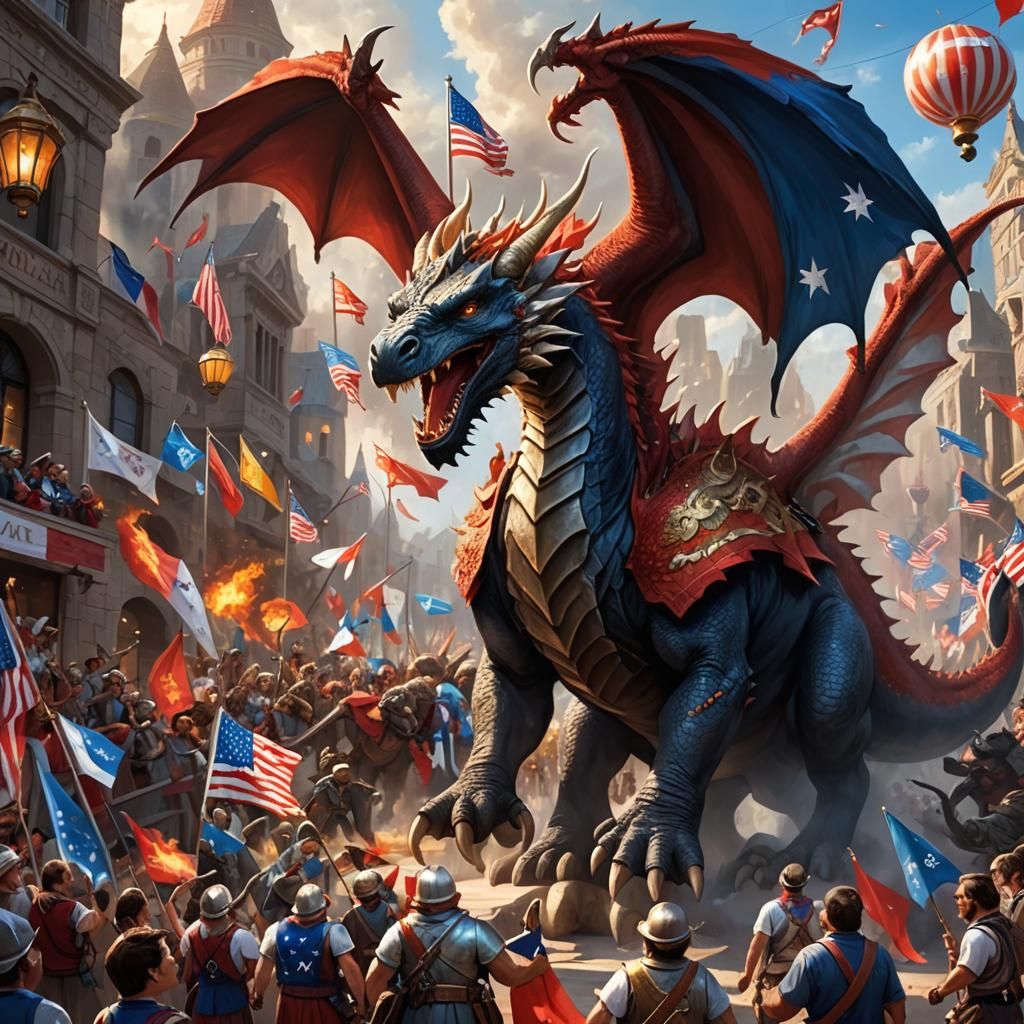 Dragon Poll Sign in Patriotic Parade, Fantasy Art