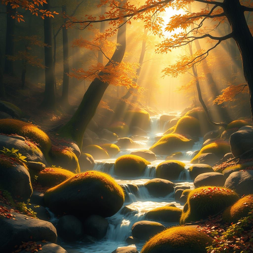Autumn Forest Waterfalls in Golden Mist
