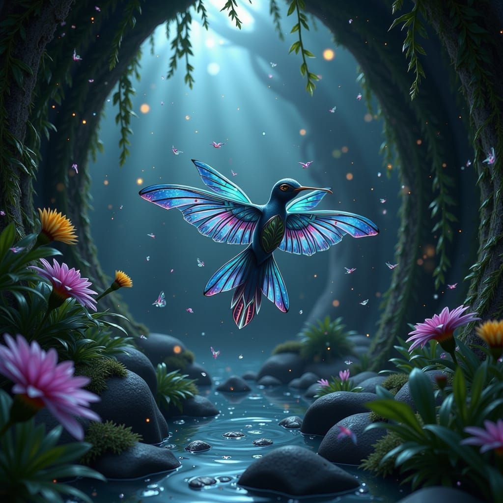 Bioluminescent Hummingbird in Jungle Grotto, Digital Art