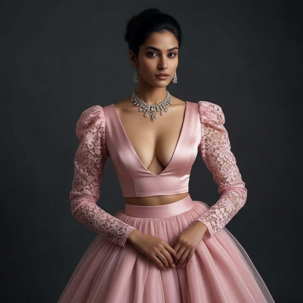 Indian Model in Satin Blouse and Tulle Skirt Fashion Shoot