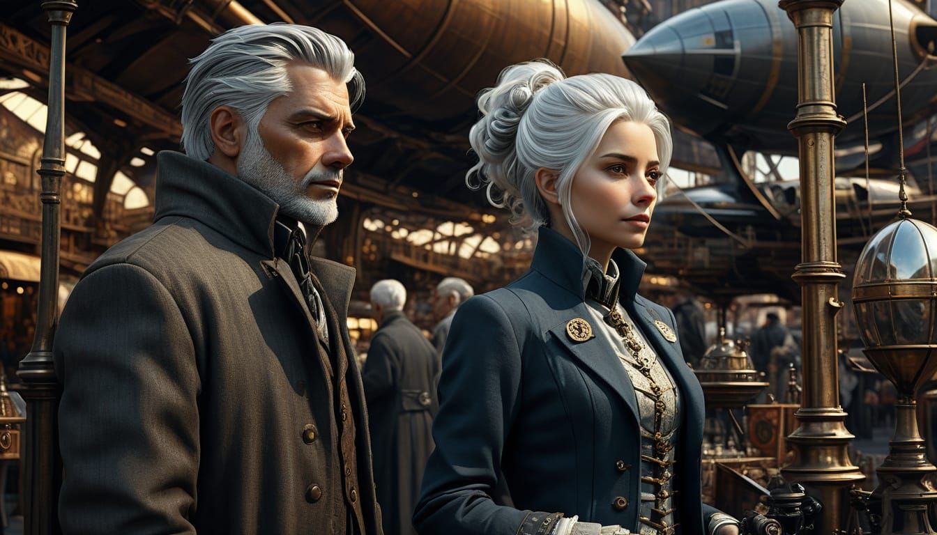 Elegant Steampunk Couple Amidst Airship and Ancient Architec...