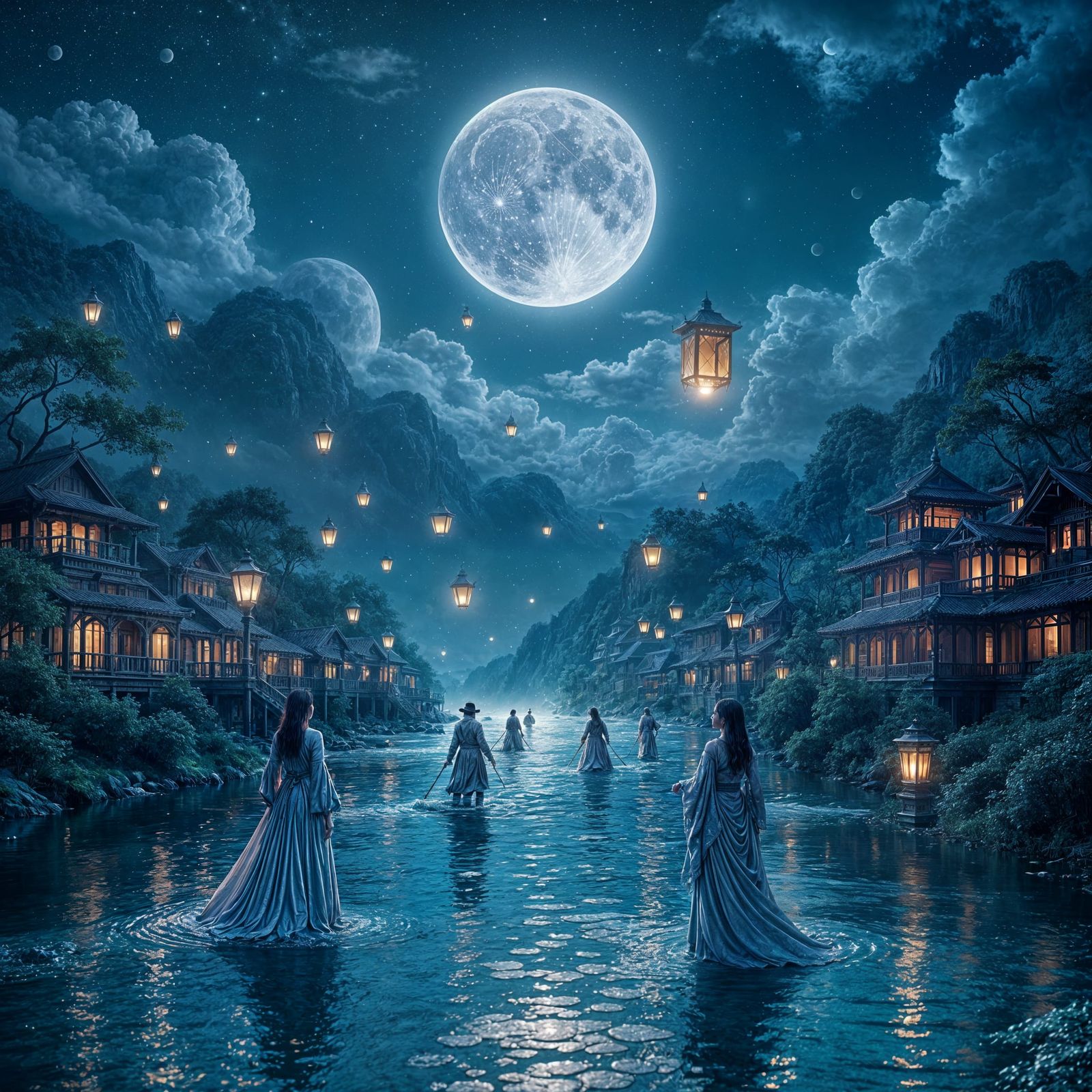 Serene Night Sky Filled With Floating Lanterns Over River