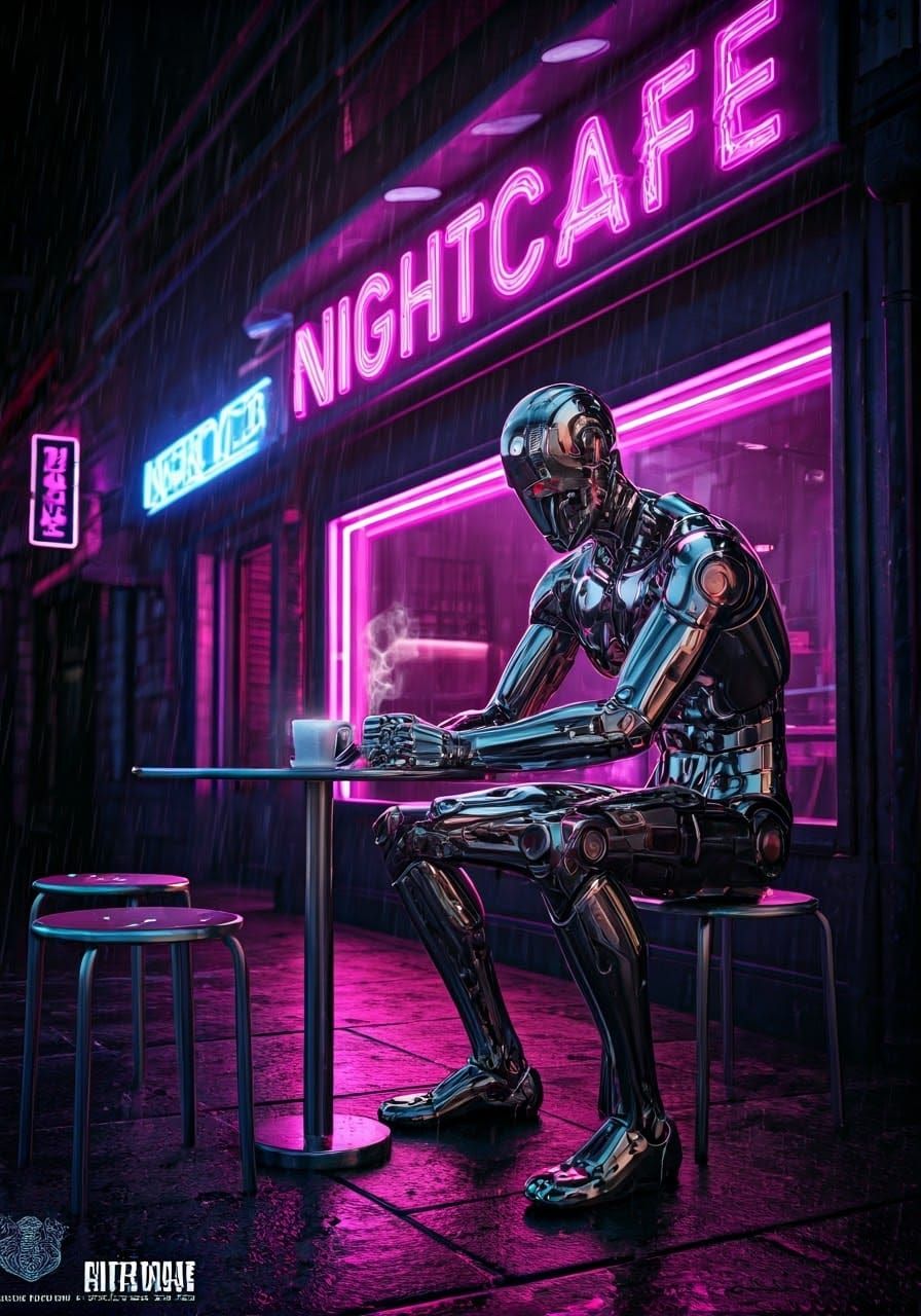 Cyborg in a NightCafe Cyberpunk Scene