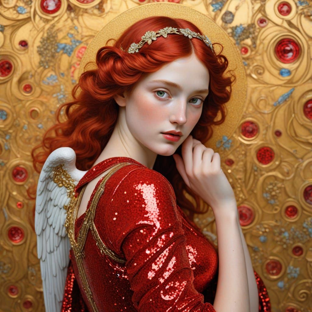 Red Glitter Angel in Klimt and Botticelli Style