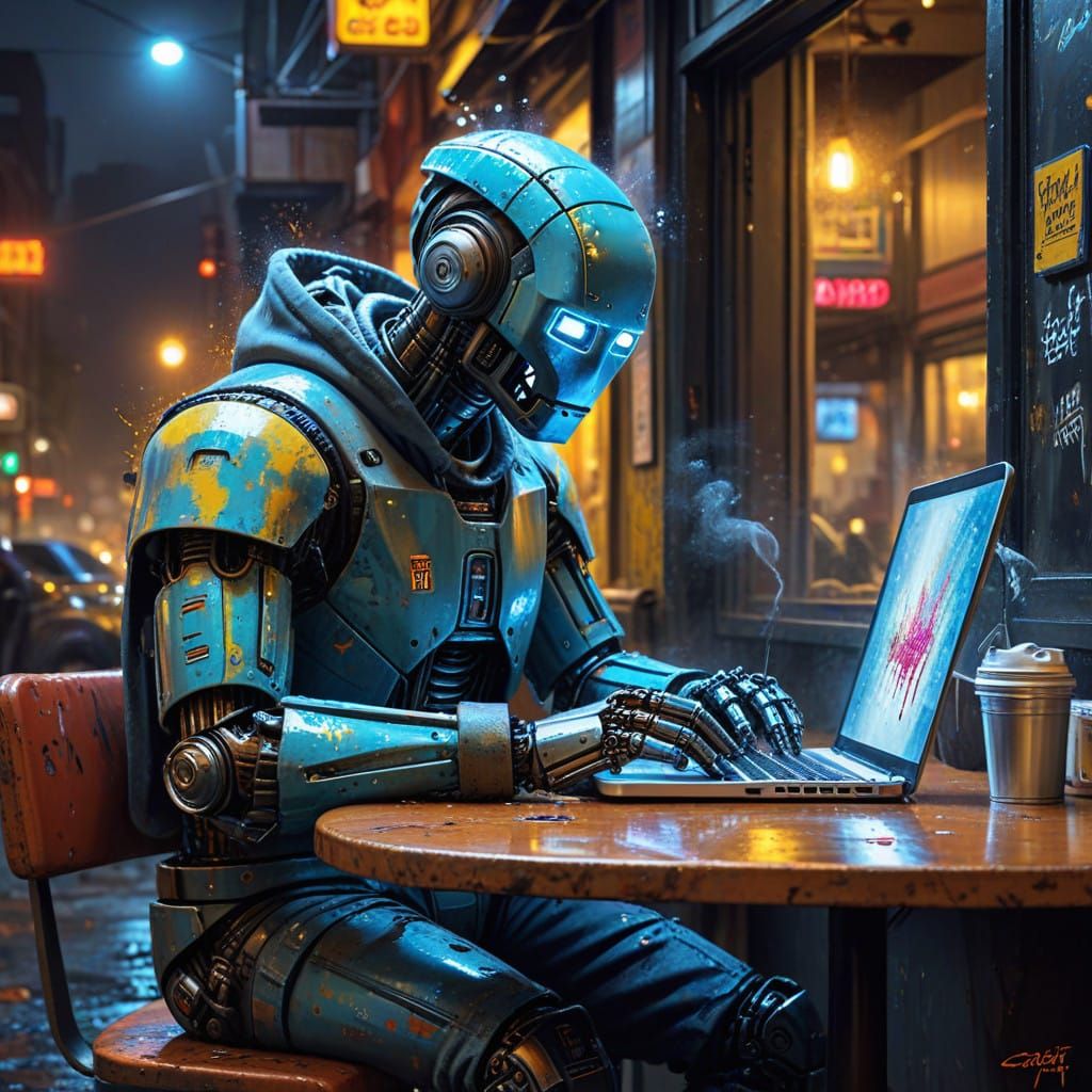 Cyberpunk Robot Sits Alone in NIGHT CAFE