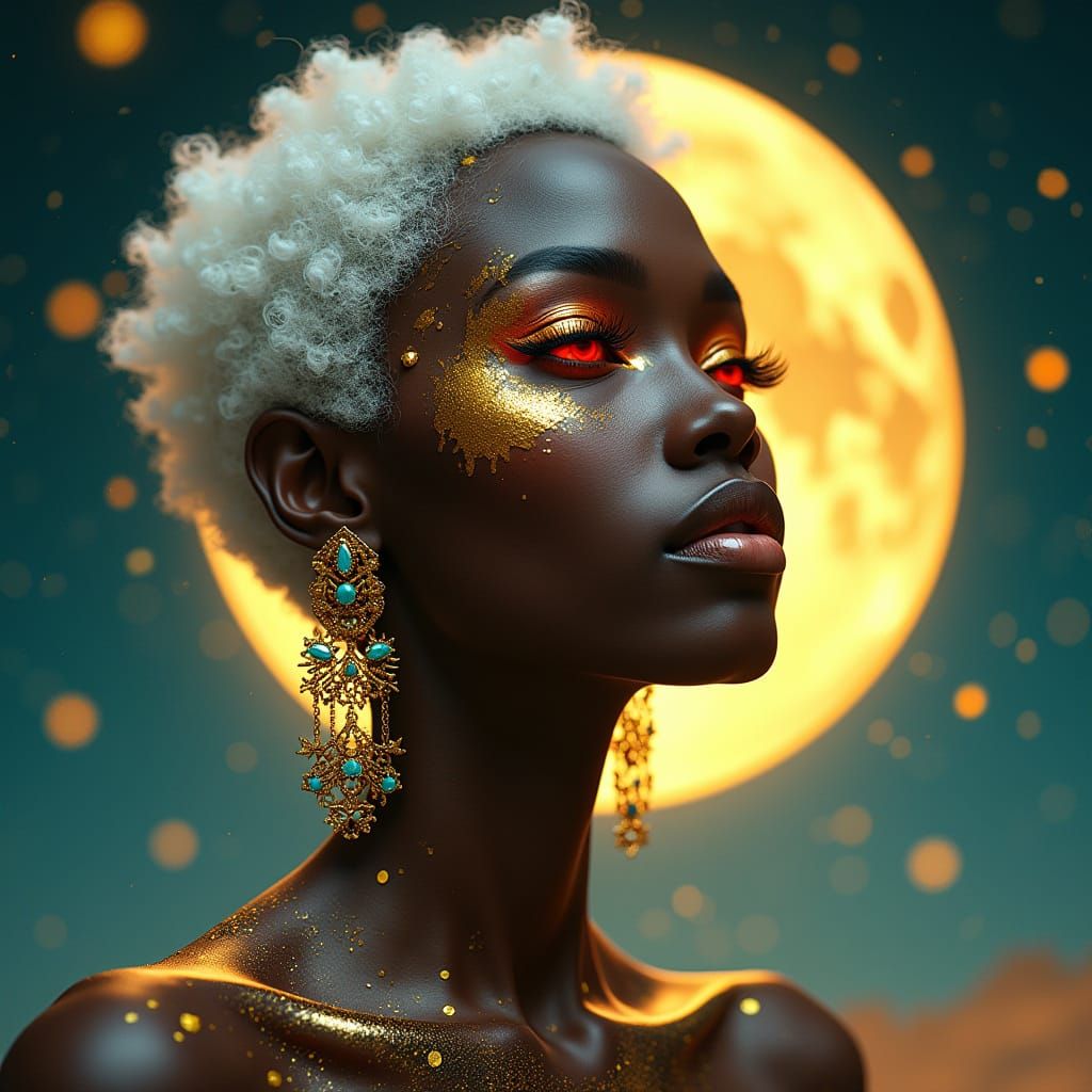 A stunning futuristic portrait of a black woman with short, platinum white, curly hair styled in an edgy, modern fashion...