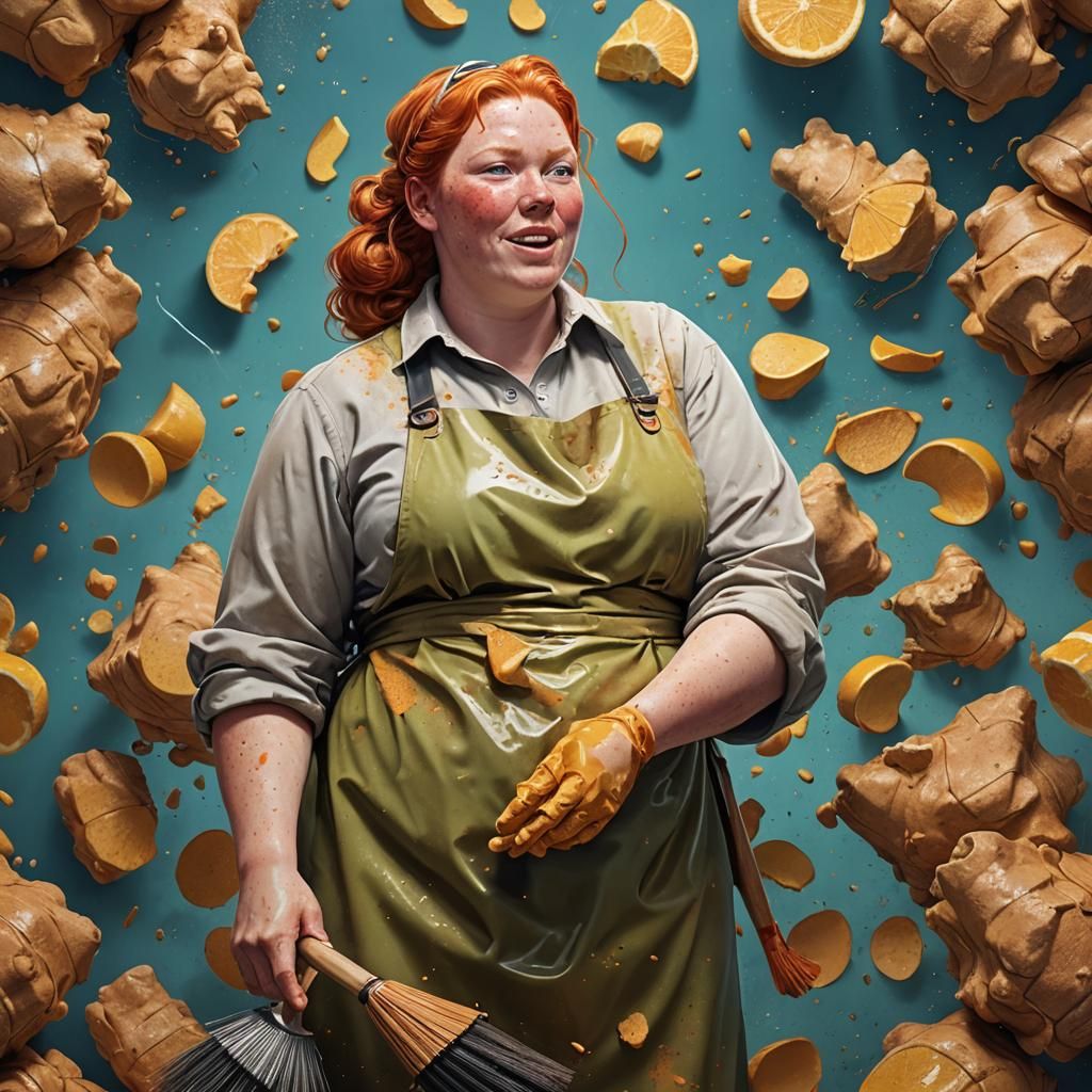 Hyperrealistic Ginger Cleaning Lady in Splash Art