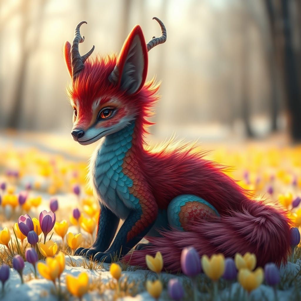 Dreamlike Dragon-Fox in Winter Wonderland