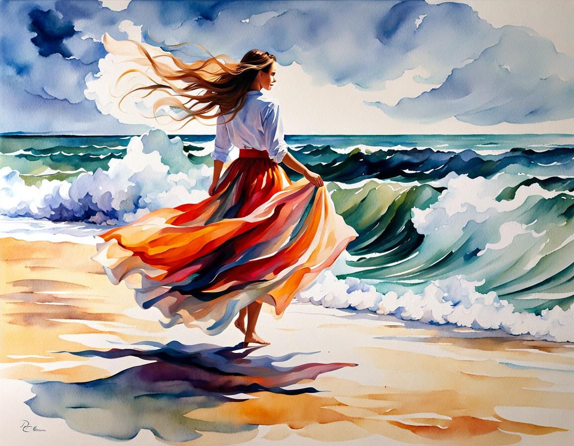 Woman on Windy Beach in Watercolor Impressionism