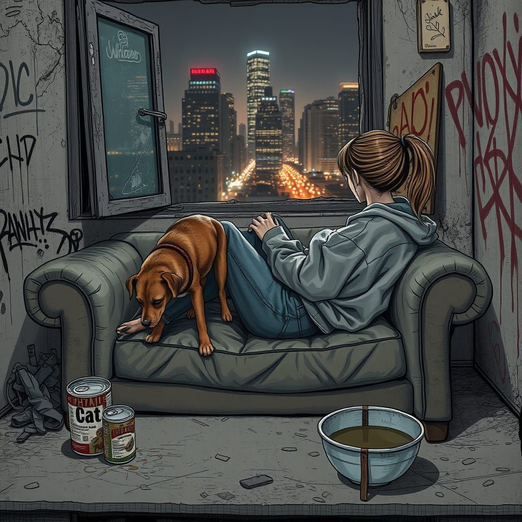 Melancholic Urban Decay: Woman Gazing at City Lights