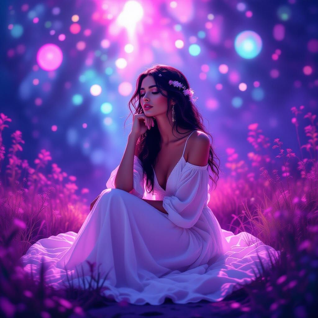 Psychedelic Dreamscape with Woman in Flowing Dress
