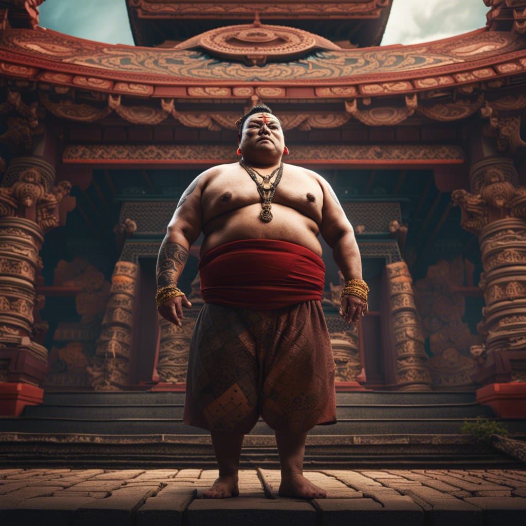 Sumo Wrestler at Indian Temple: Detailed Matte Painting