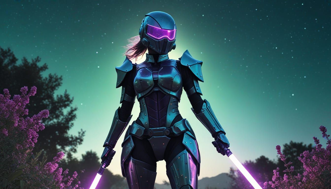 Cyberpunk Cosplayer With Mecha Armor & Energy Sword