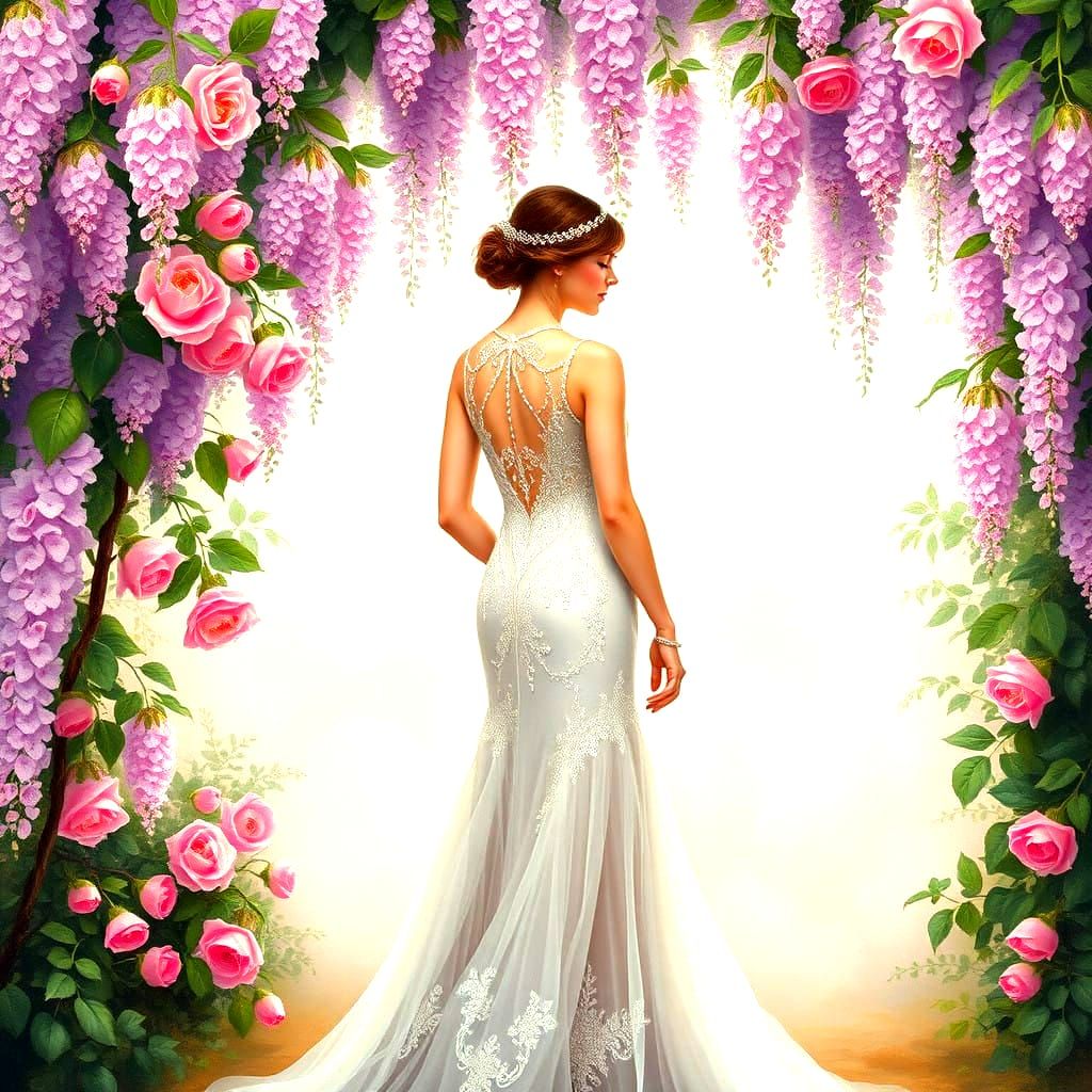 Ethereal Gouache Wedding Scene with 1920s Bride and Floral A...