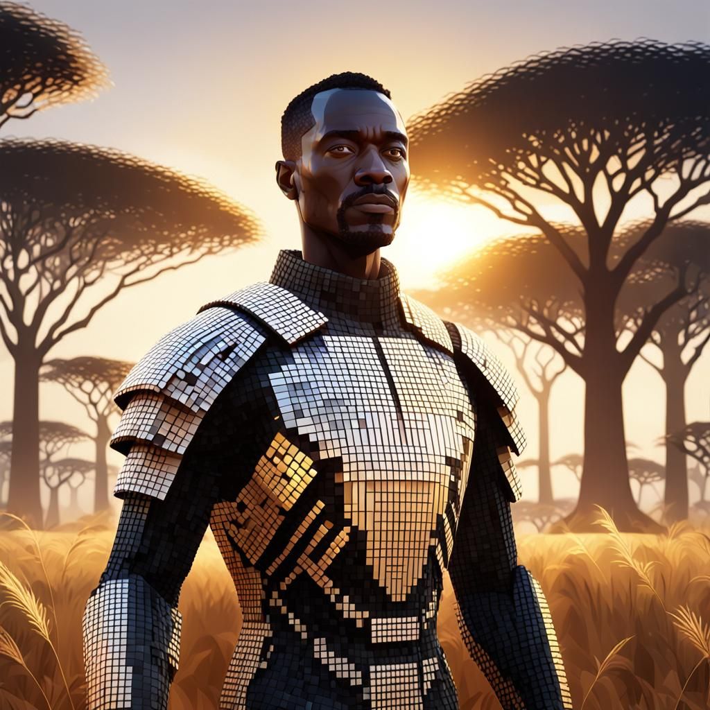 Pixelated Man in Savanna at Sunset