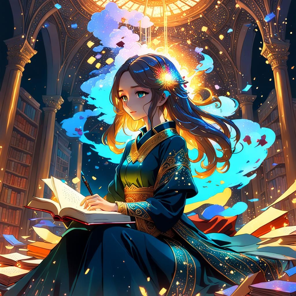Regal Anime Woman Writing with Glowing Ideas