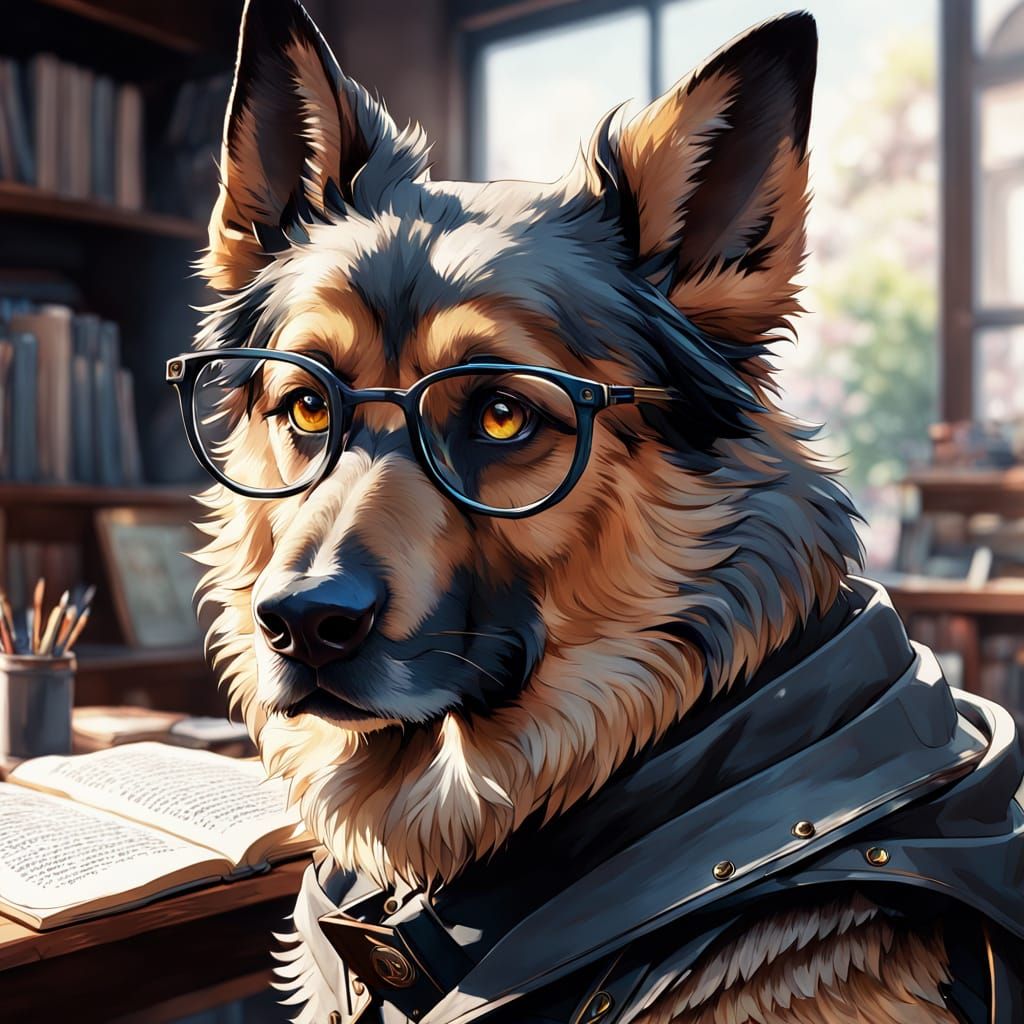 German Shepherd Reading Newspaper as Gouache Watercolor