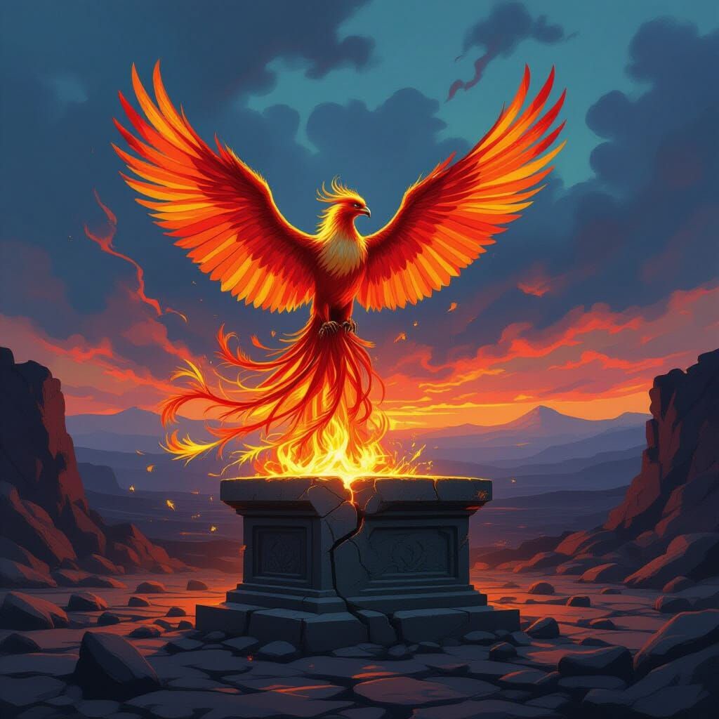 Fiery Phoenix Erupts From Altar in Van Gogh Style